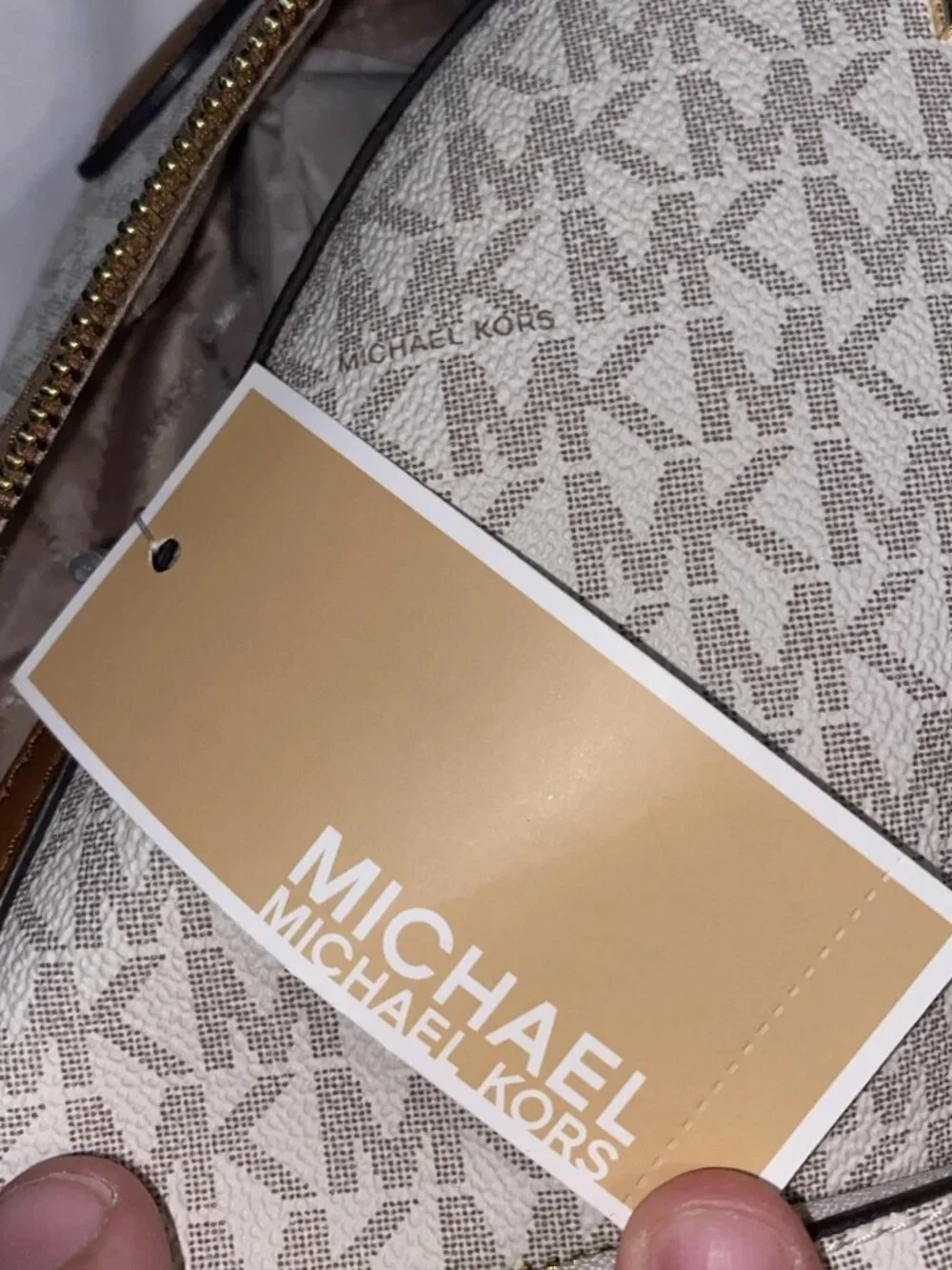 Michael Kors Beige/Brown MK Monogram Logo Backpack Zip Gold Hardware NWT